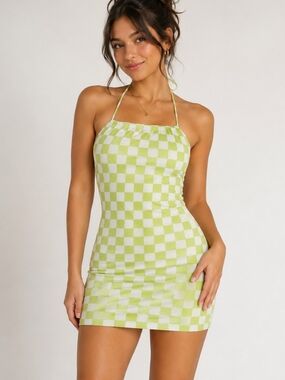 Lime Green Checkerboard Halter Mini Dress